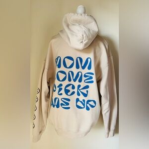 MCPMU Mom Come Pick Me Up Beige Hoodie with Blue Graphic Text | Size Large